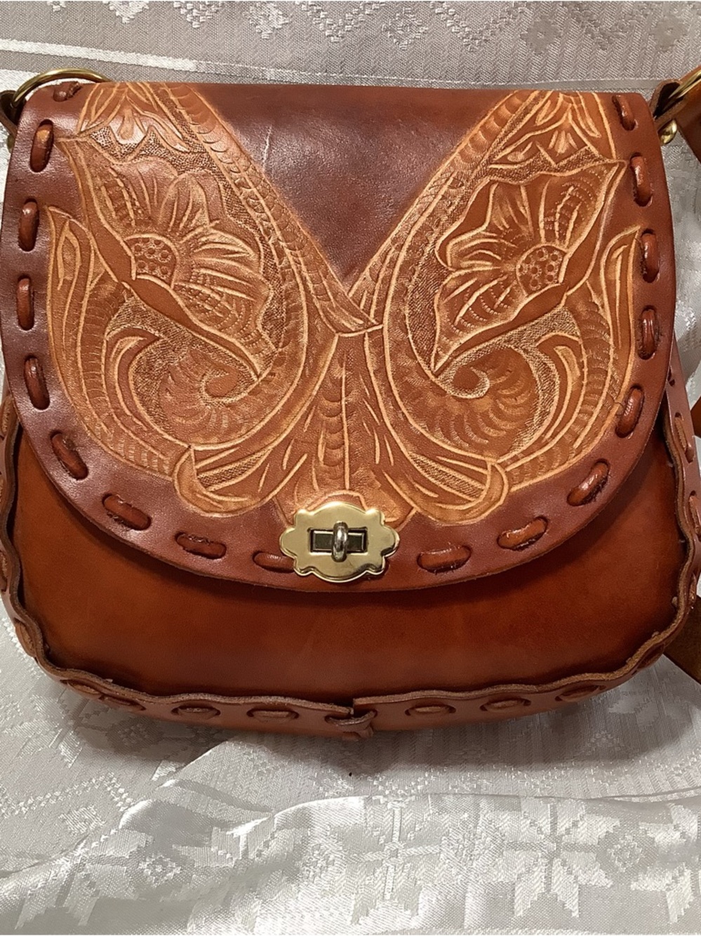 Hand-Tooled Floral Leather Crossbody Bag - Brown